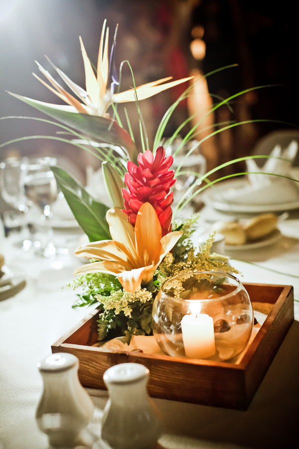 Tropical wedding photo with beach inspired centerpiece by JAGstudios